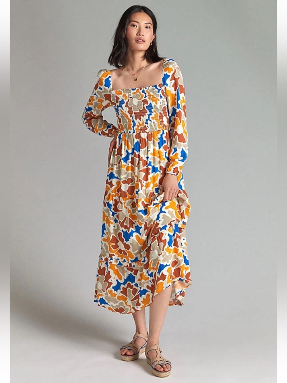 NWT Anthropologie size XL Floral Square-Neck Midi Dress in Multi